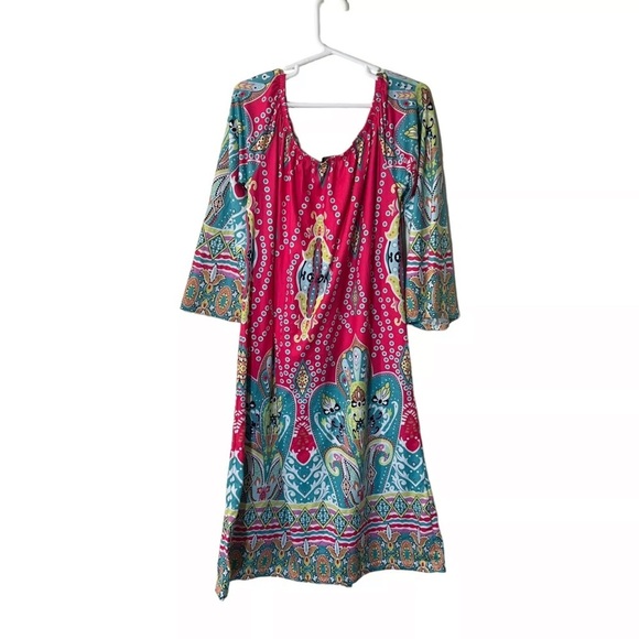 Military Hippie Girls Dress Size Medium Colorful Bright Multipattern Retro Dots - Picture 2 of 5